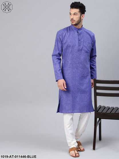 Men's Cotton Linen Blend Indigo Blue Solid Only Long Kurta