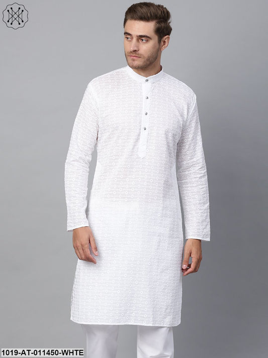 Men's 100% Cotton White Chicken Only Long Kurta