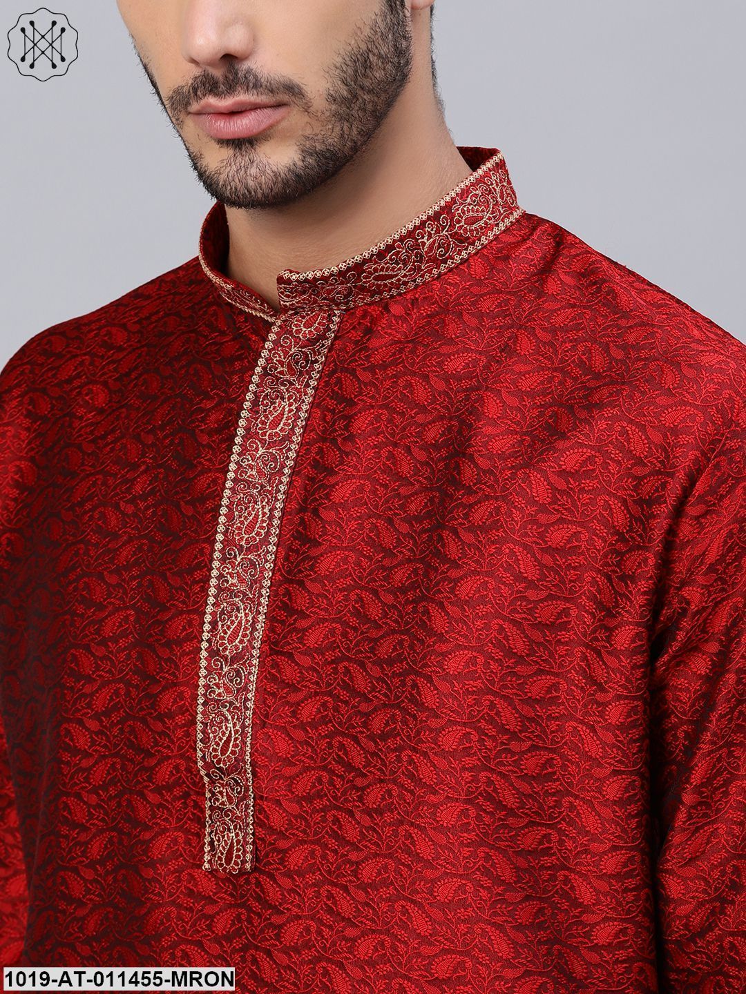 Men's Silk Blend Maroon Self Design Only Long Kurta