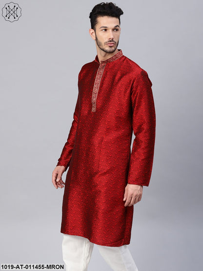 Men's Silk Blend Maroon Self Design Only Long Kurta