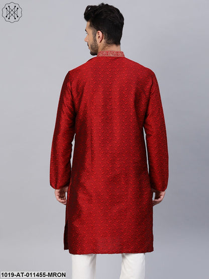 Men's Silk Blend Maroon Self Design Only Long Kurta