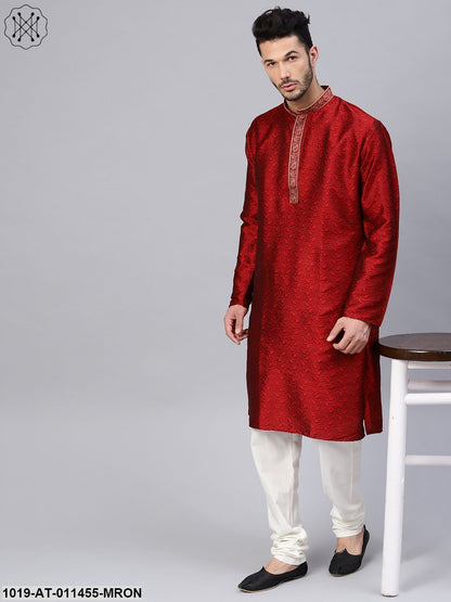 Men's Silk Blend Maroon Self Design Only Long Kurta