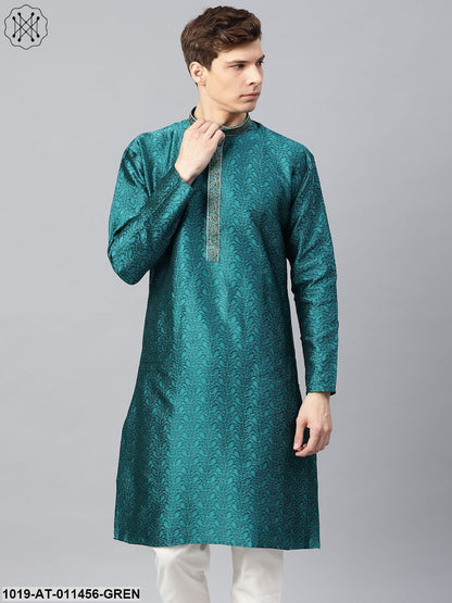 Men's Silk Blend Teal Green Self Design Only Long Kurta