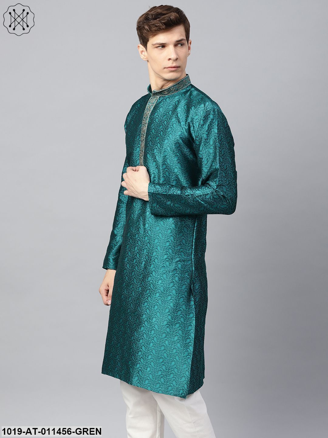 Men's Silk Blend Teal Green Self Design Only Long Kurta