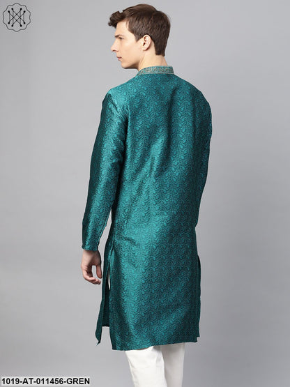 Men's Silk Blend Teal Green Self Design Only Long Kurta