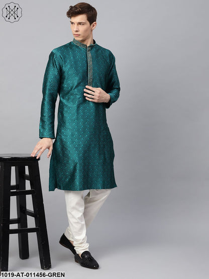 Men's Silk Blend Teal Green Self Design Only Long Kurta