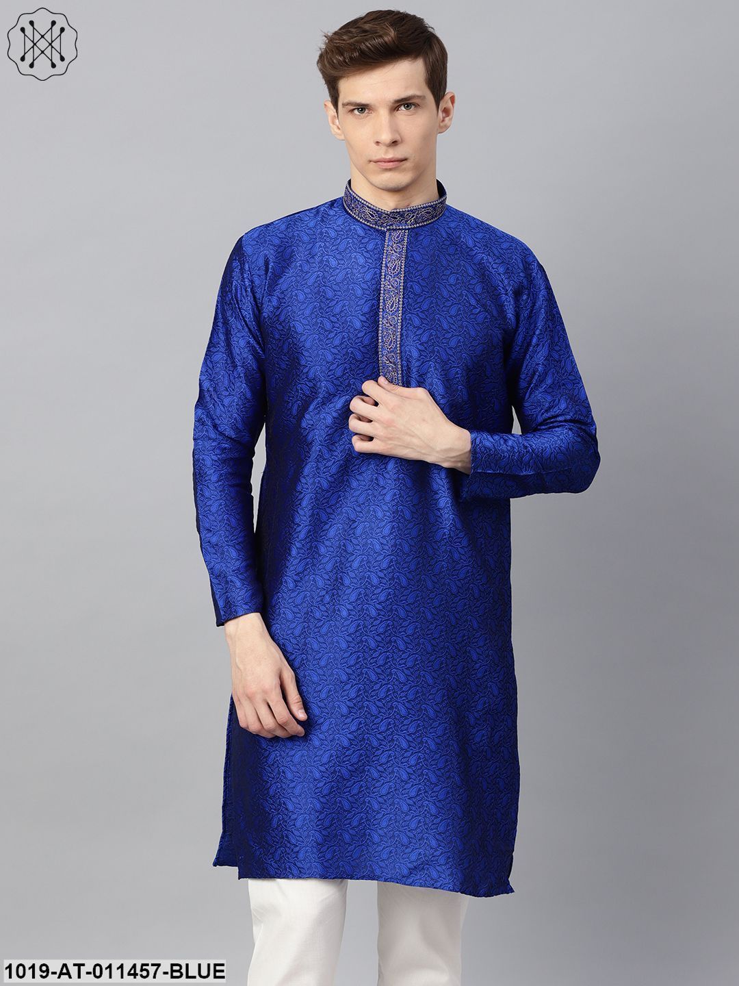 Men's Silk Blend Blue Self Design Only Long Kurta