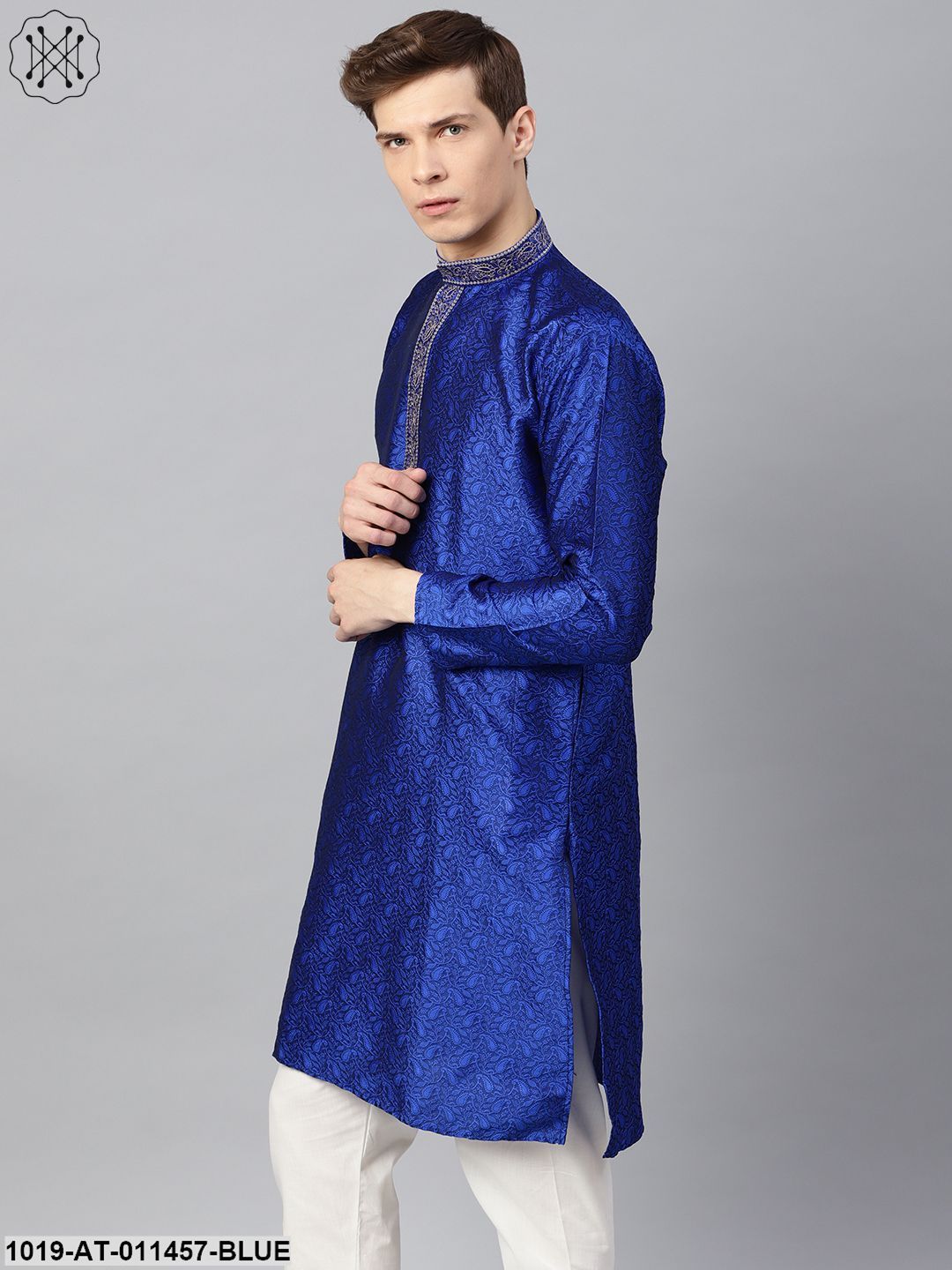 Men's Silk Blend Blue Self Design Only Long Kurta