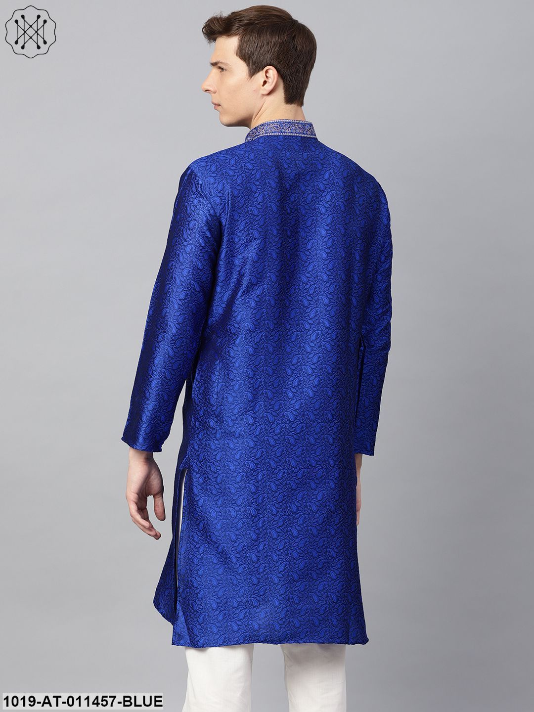 Men's Silk Blend Blue Self Design Only Long Kurta