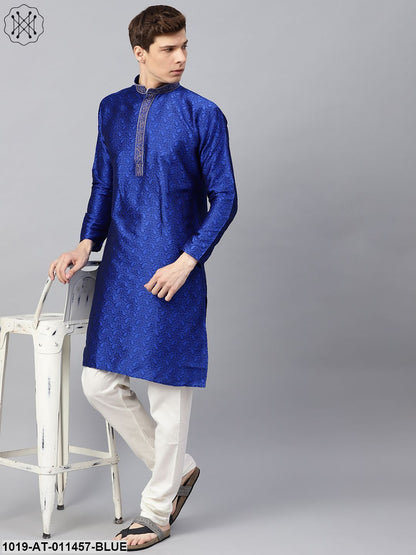 Men's Silk Blend Blue Self Design Only Long Kurta