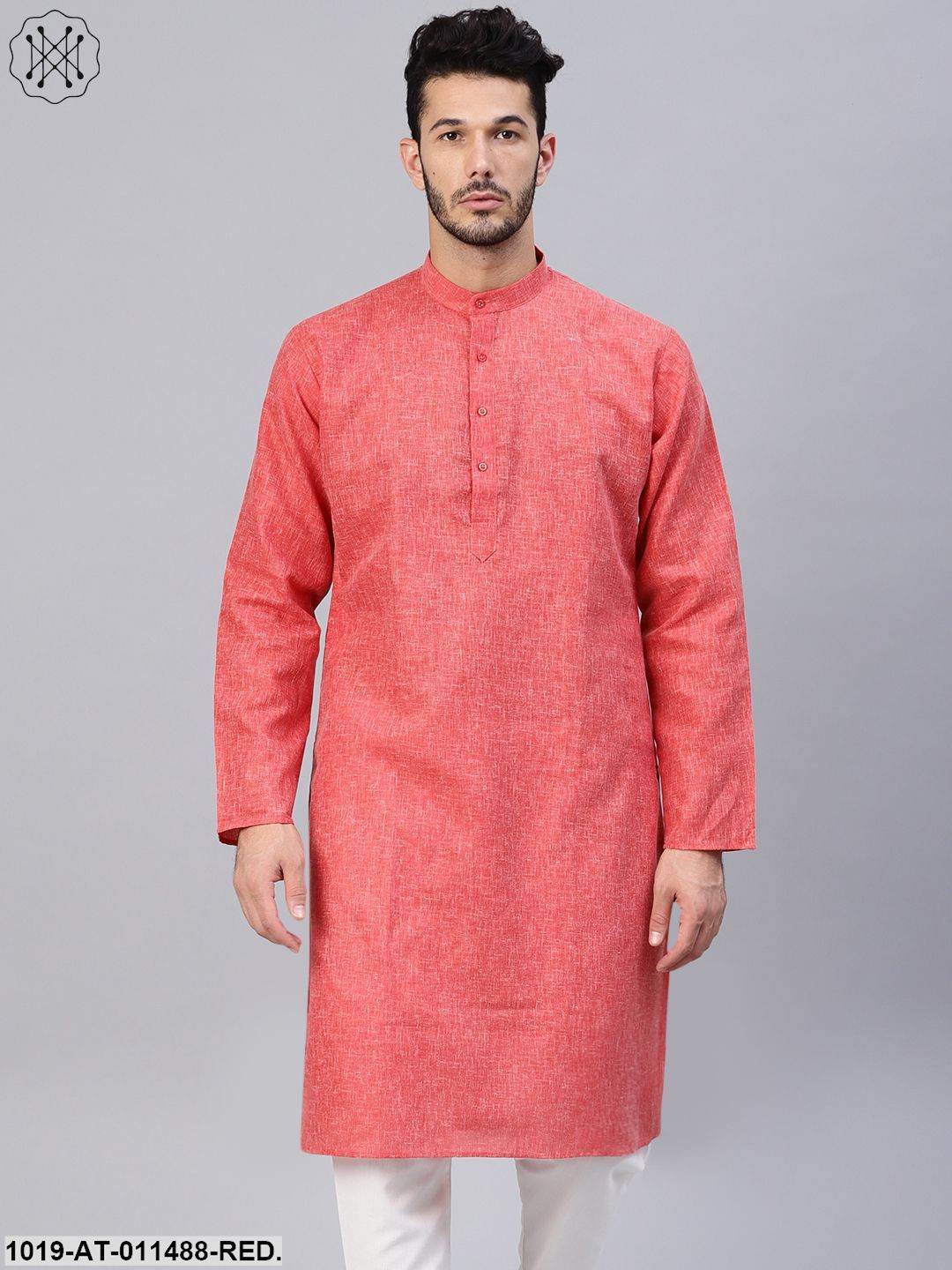 Men's Cotton Linen Blend Red Solid Only Long Kurta