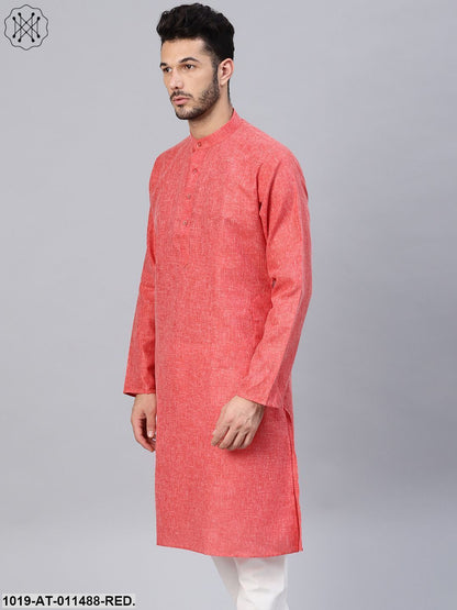 Men's Cotton Linen Blend Red Solid Only Long Kurta