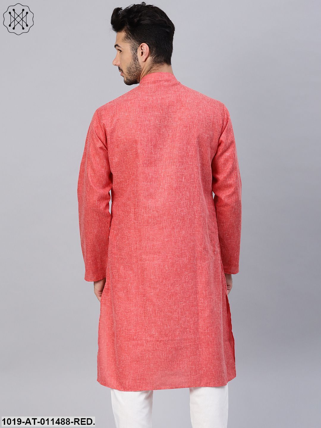 Men's Cotton Linen Blend Red Solid Only Long Kurta