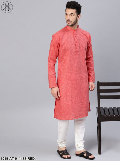 Men's Cotton Linen Blend Red Solid Only Long Kurta