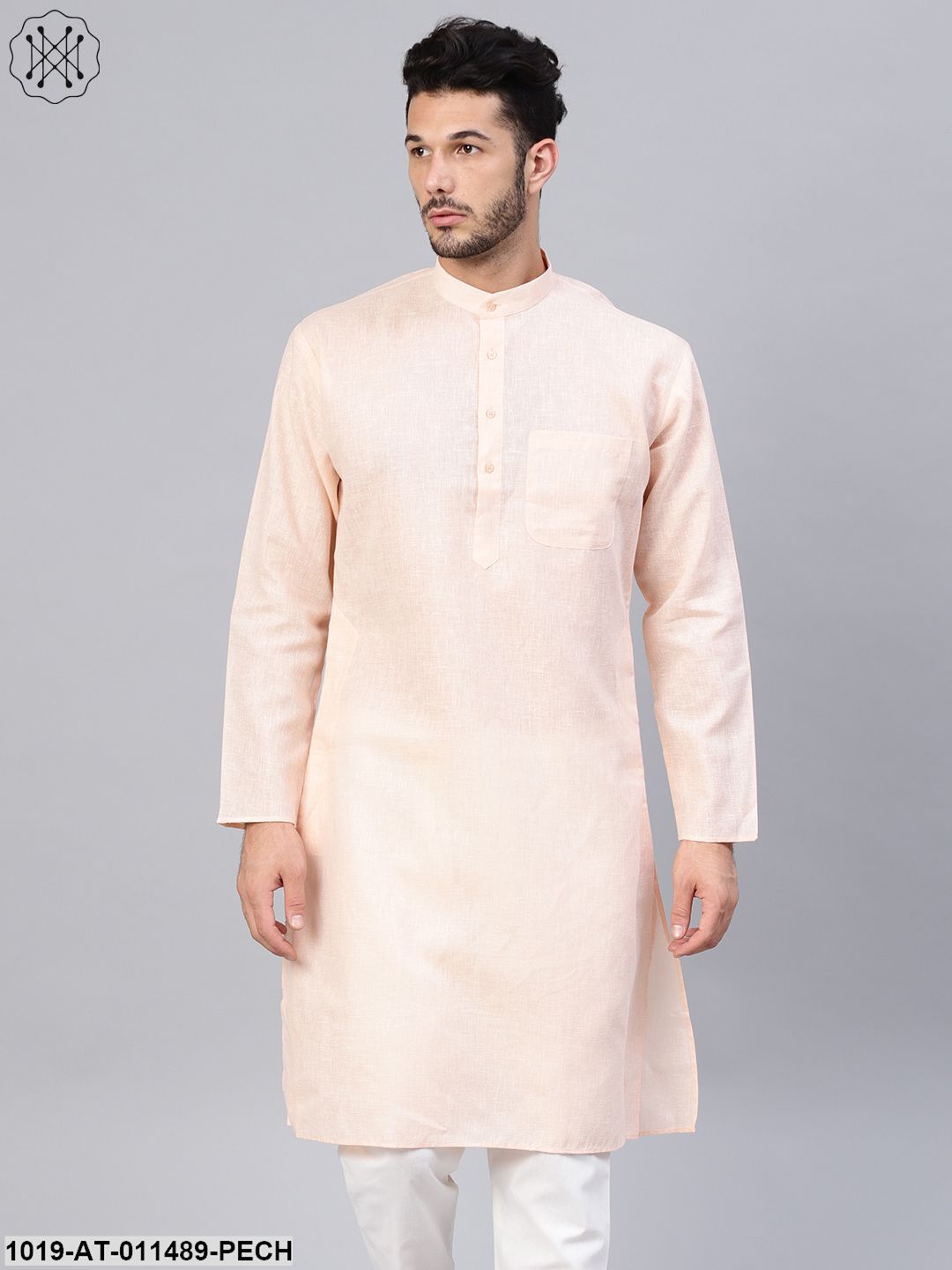 Men's Cotton Linen Blend Peach Solid Only Long Kurta