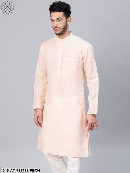 Men's Cotton Linen Blend Peach Solid Only Long Kurta