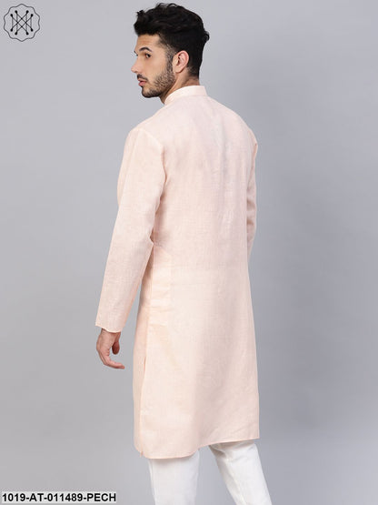 Men's Cotton Linen Blend Peach Solid Only Long Kurta