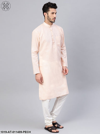 Men's Cotton Linen Blend Peach Solid Only Long Kurta