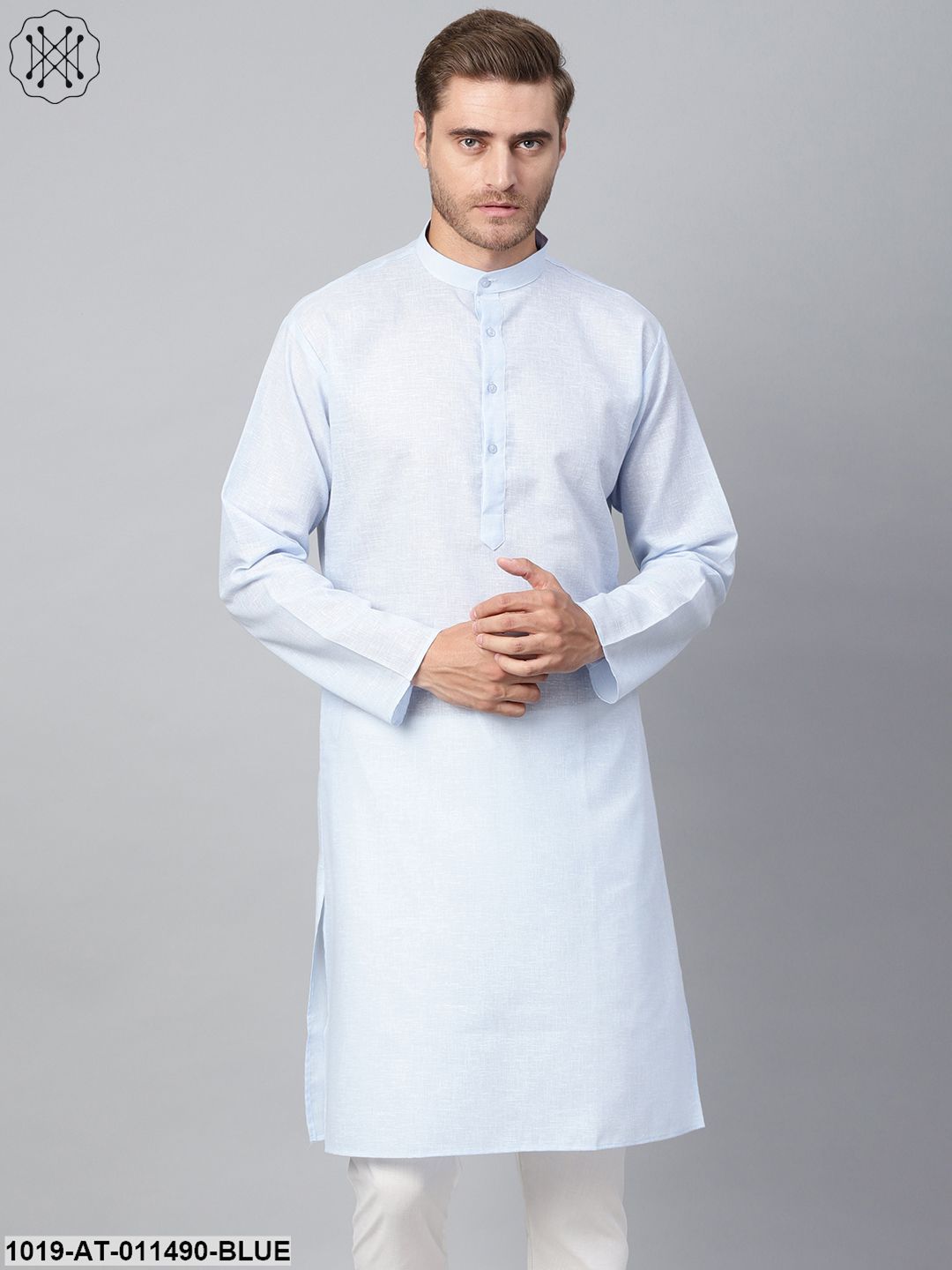 Men's Cotton Linen Blend Sky Blue Solid Only Long Kurta