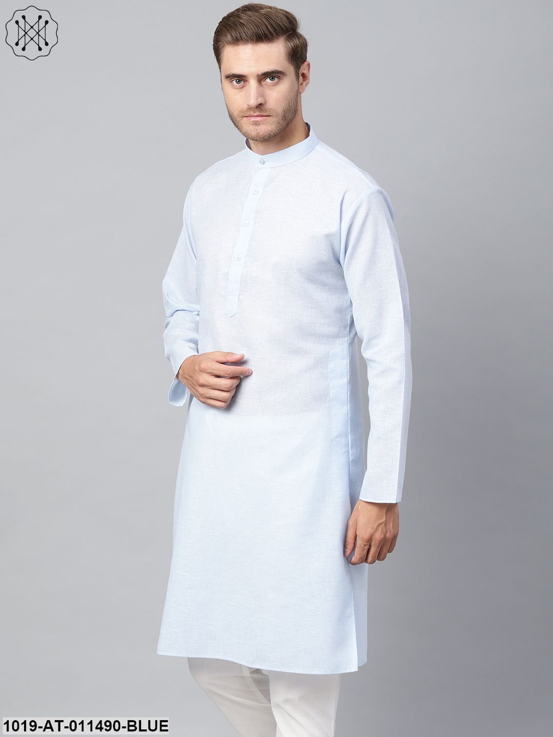 Men's Cotton Linen Blend Sky Blue Solid Only Long Kurta