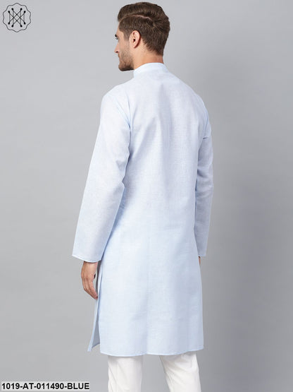 Men's Cotton Linen Blend Sky Blue Solid Only Long Kurta