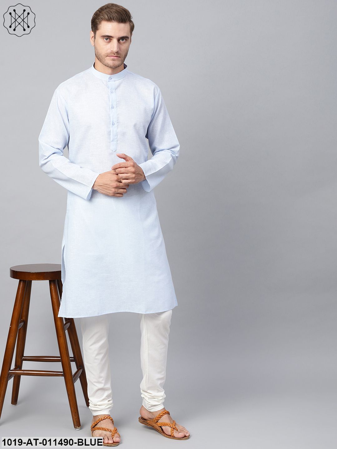 Men's Cotton Linen Blend Sky Blue Solid Only Long Kurta