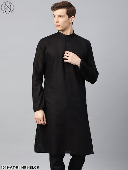 Men's Cotton Linen Blend Black Solid Only Long Kurta