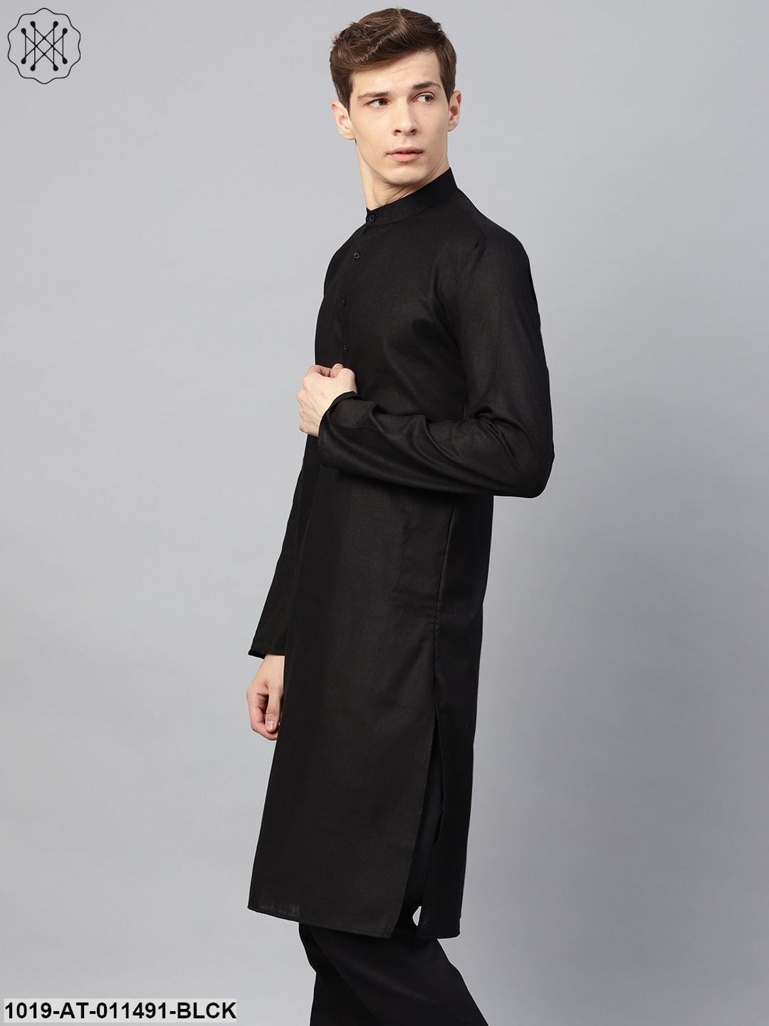 Men's Cotton Linen Blend Black Solid Only Long Kurta