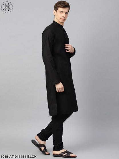 Men's Cotton Linen Blend Black Solid Only Long Kurta