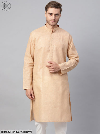 Men's Cotton Linen Blend Brown Solid Only Long Kurta