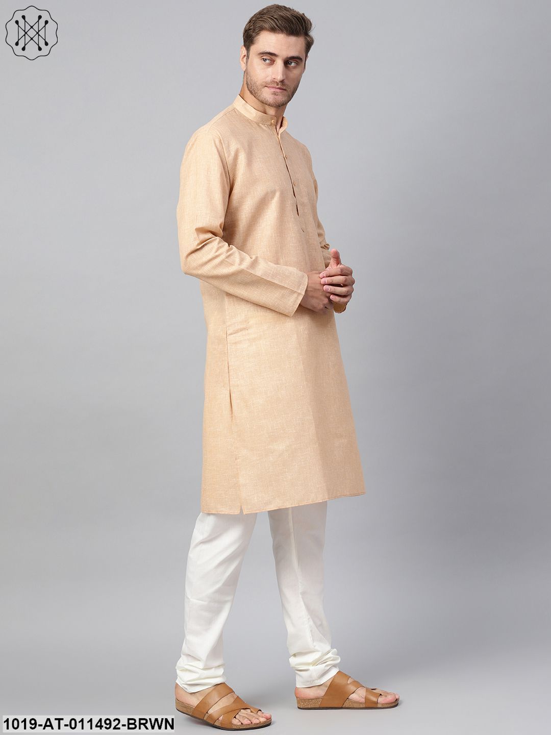 Men's Cotton Linen Blend Brown Solid Only Long Kurta