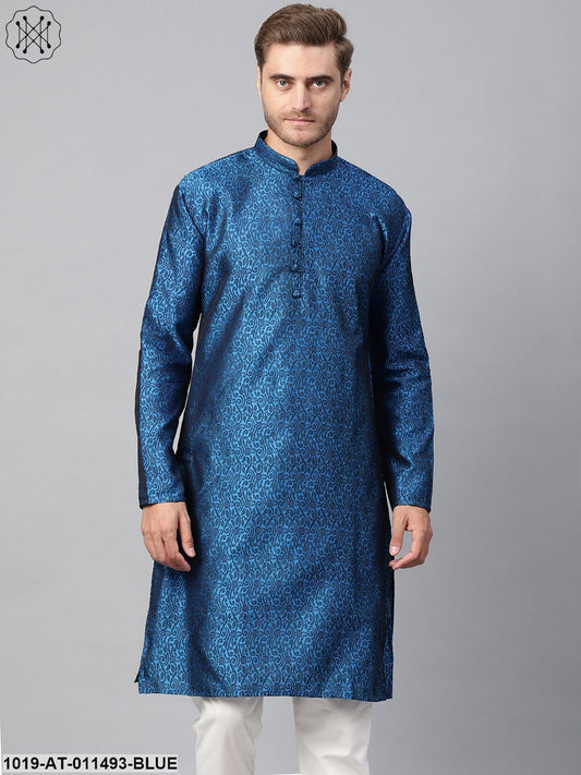 Men's Silk Blend Blue Self Design Only Long Kurta