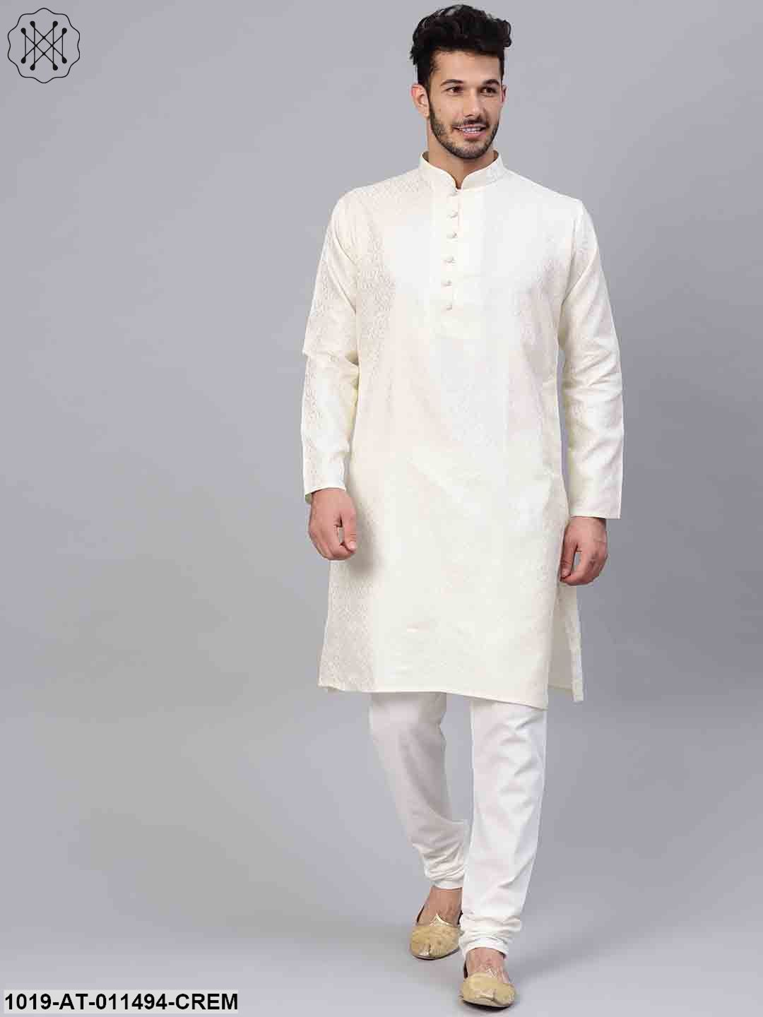 Men's Silk Blend Cream Self Design Only Long Kurta