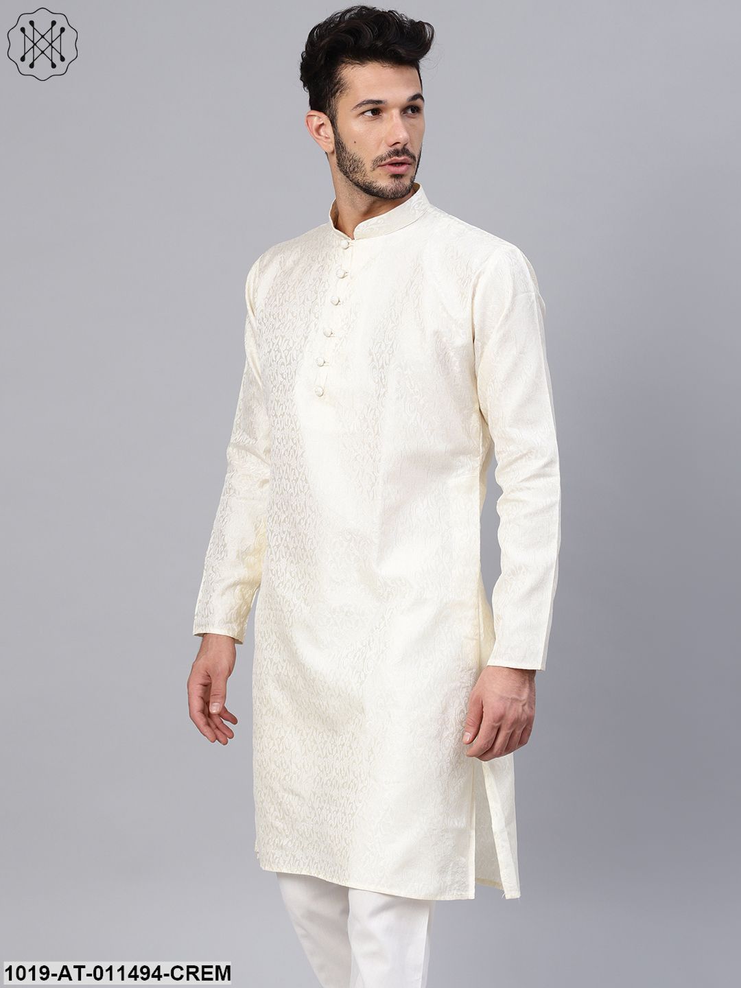 Men's Silk Blend Cream Self Design Only Long Kurta