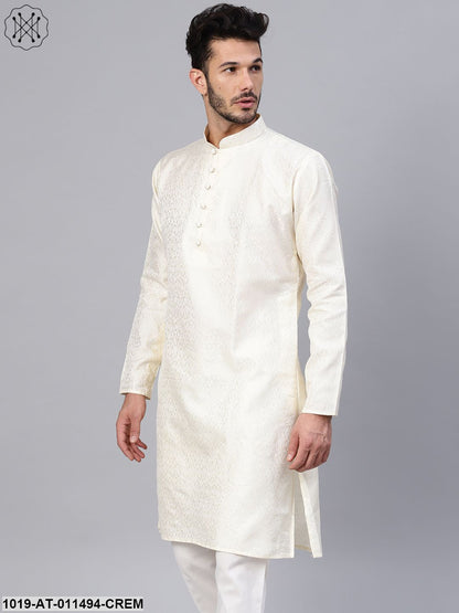 Men's Silk Blend Cream Self Design Only Long Kurta