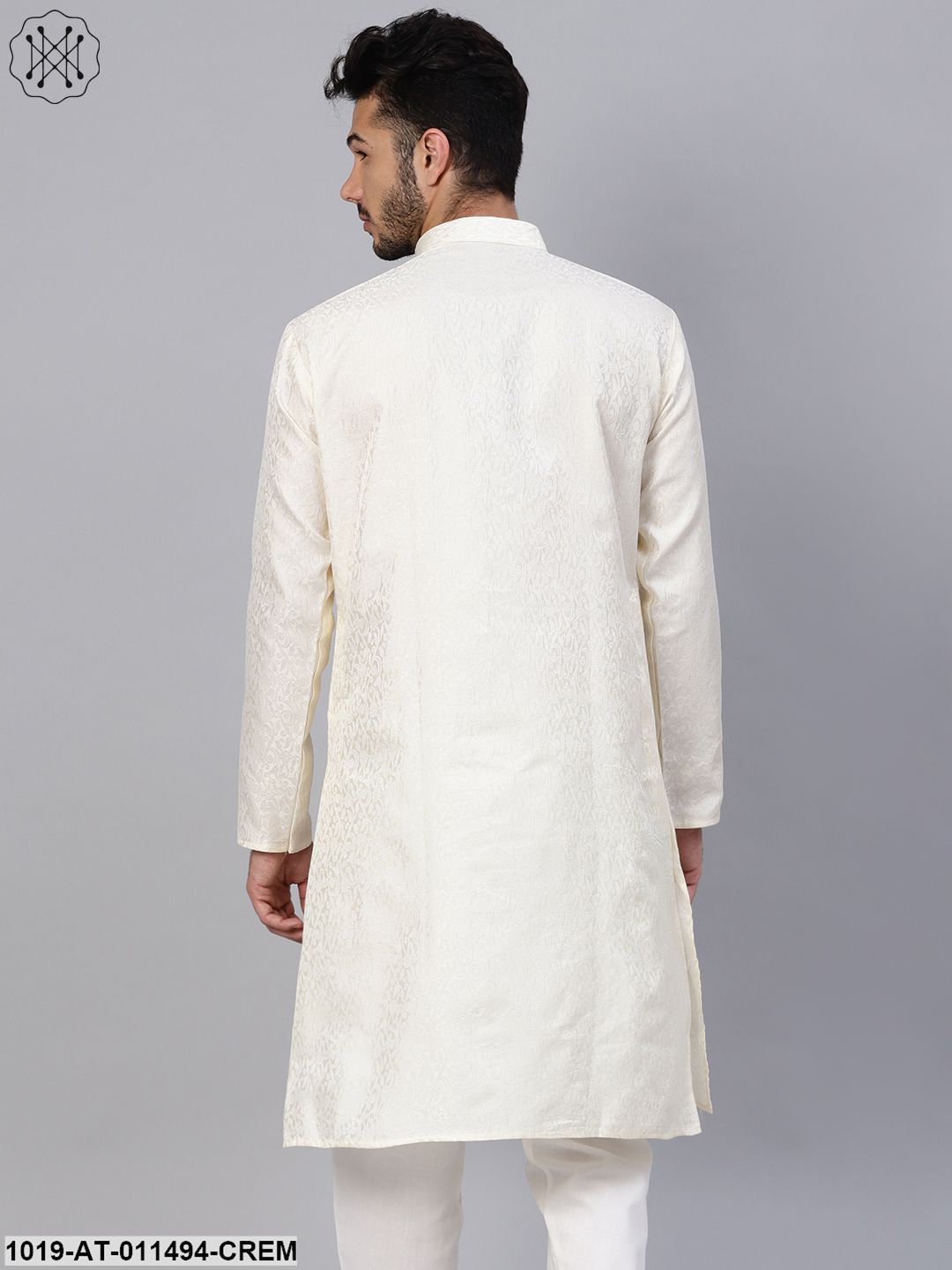 Men's Silk Blend Cream Self Design Only Long Kurta