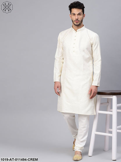 Men's Silk Blend Cream Self Design Only Long Kurta