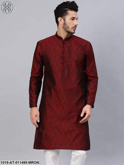 Men's Silk Blend Maroon Self Design Only Long Kurta