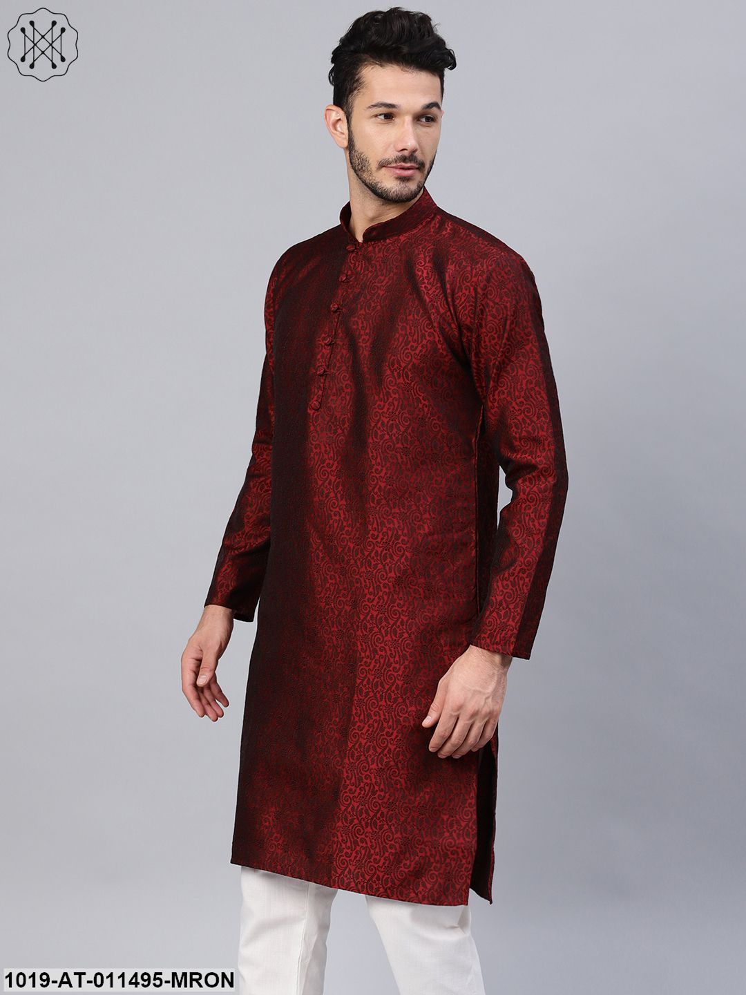 Men's Silk Blend Maroon Self Design Only Long Kurta