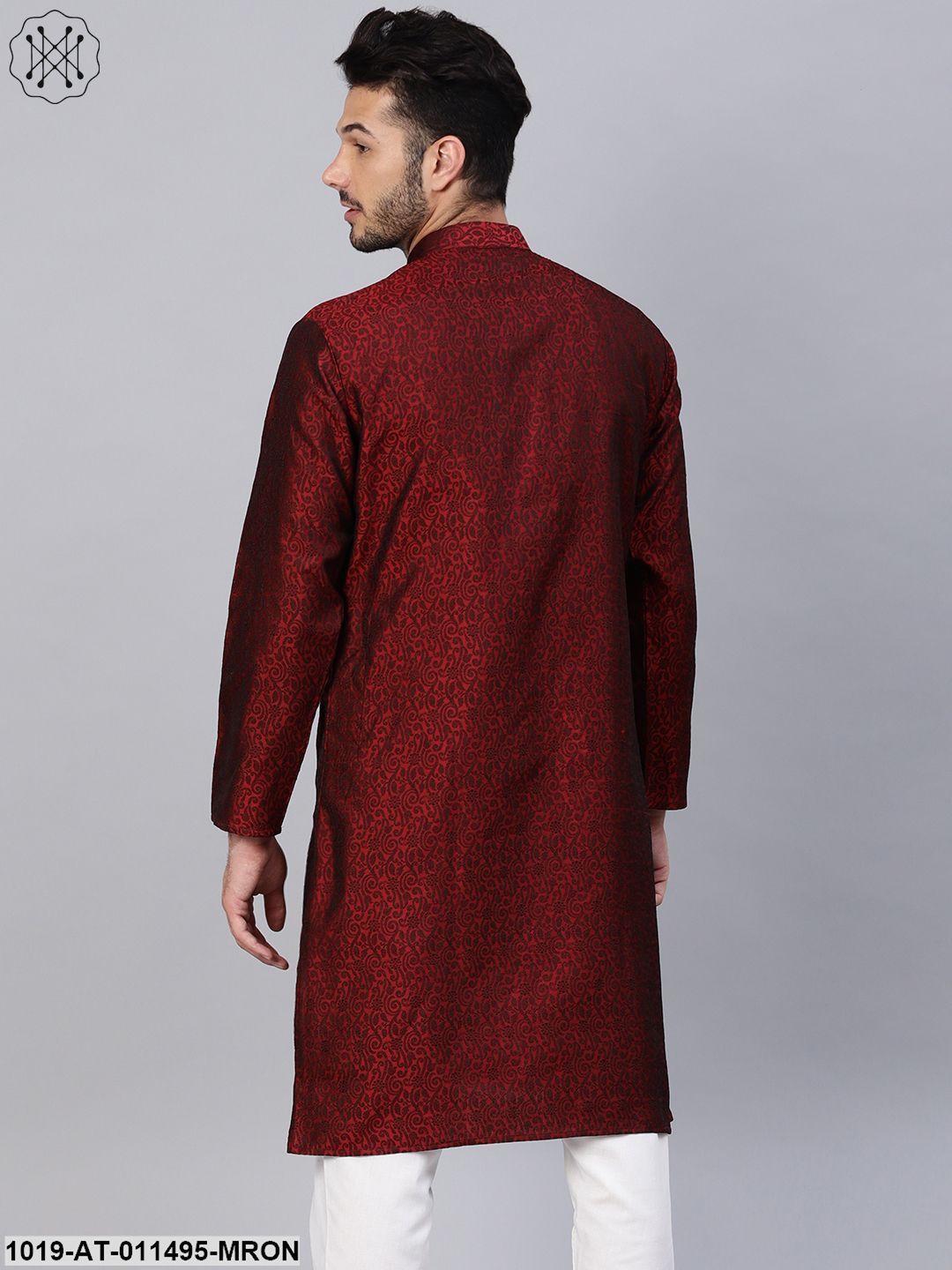 Men's Silk Blend Maroon Self Design Only Long Kurta