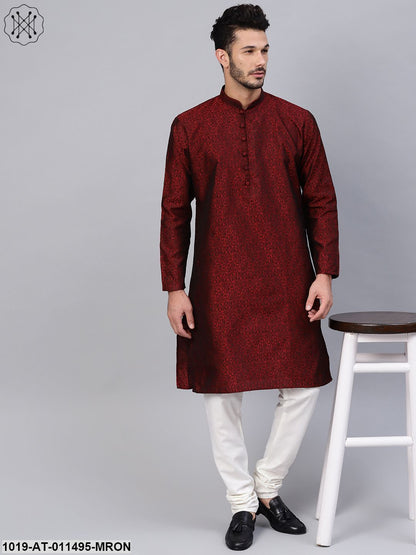 Men's Silk Blend Maroon Self Design Only Long Kurta