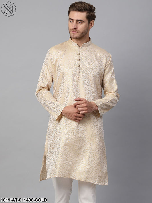 Men's Silk Blend Gold Self Design Only Long Kurta