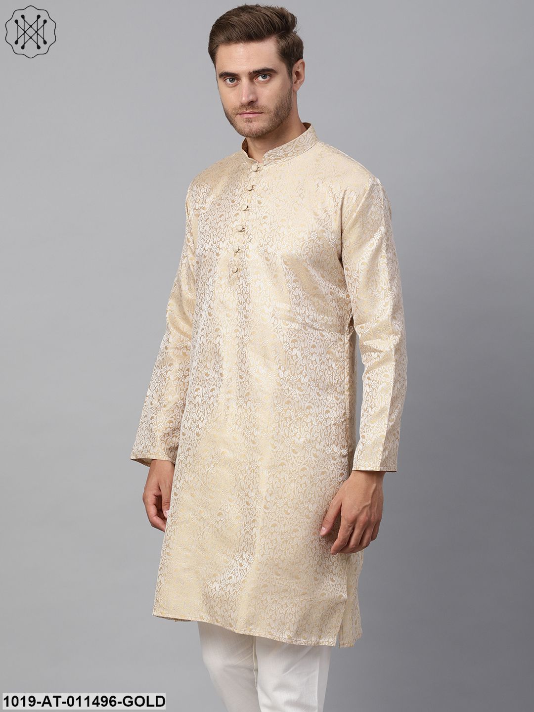 Men's Silk Blend Gold Self Design Only Long Kurta