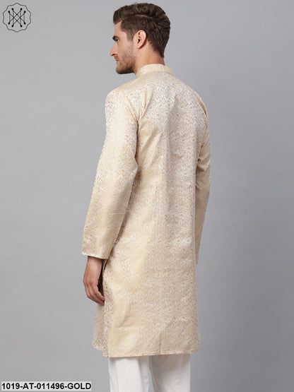 Men's Silk Blend Gold Self Design Only Long Kurta