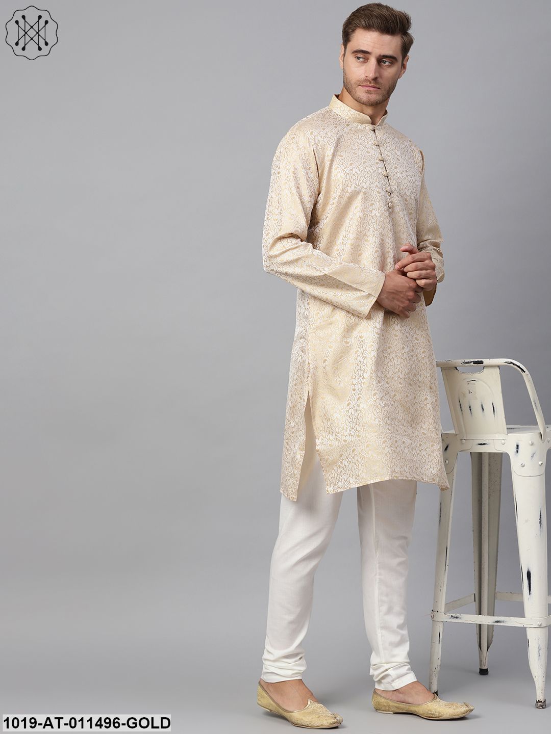 Men's Silk Blend Gold Self Design Only Long Kurta