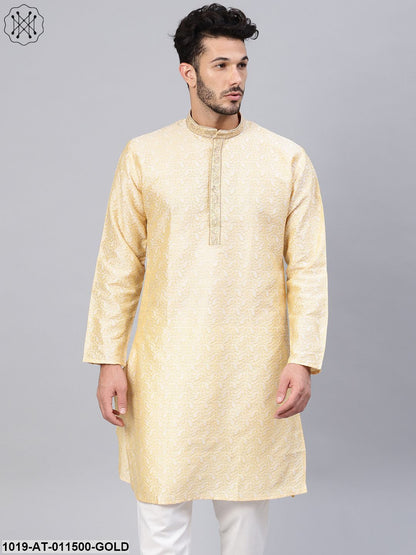 Men's Silk Blend Gold Self Design Only Long Kurta