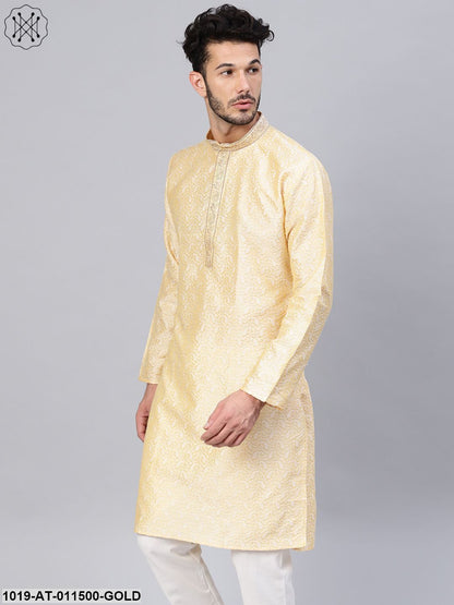 Men's Silk Blend Gold Self Design Only Long Kurta