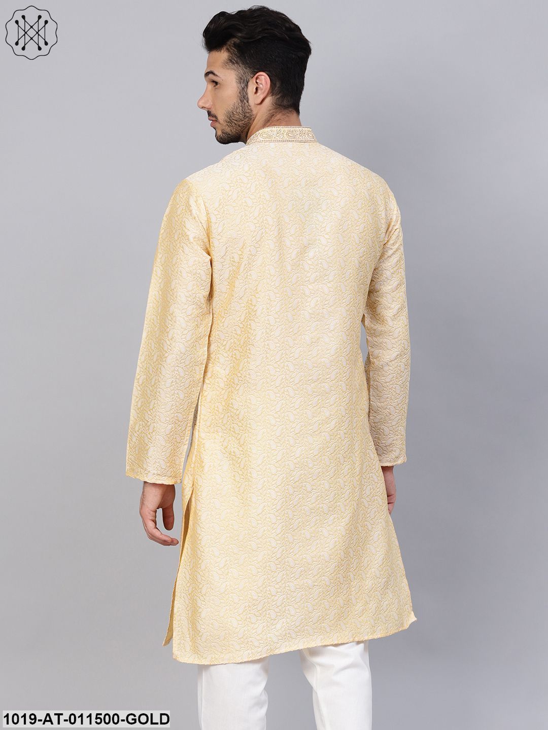 Men's Silk Blend Gold Self Design Only Long Kurta