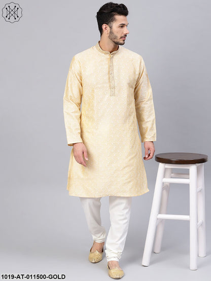 Men's Silk Blend Gold Self Design Only Long Kurta