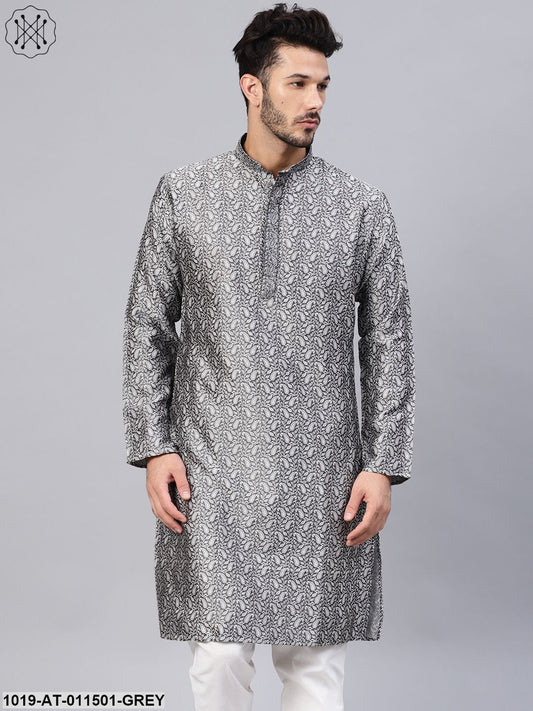 Men's Silk Blend Grey Self Design Only Long Kurta